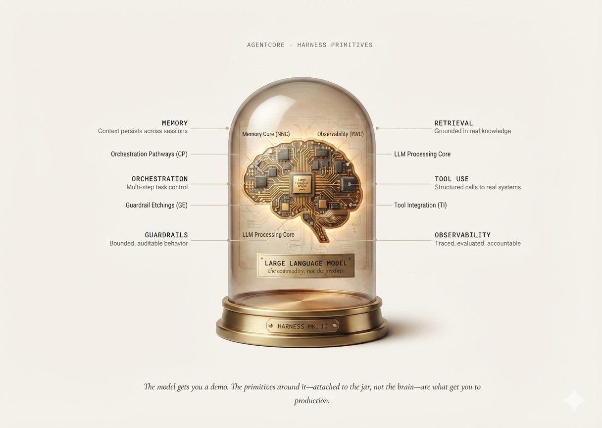 A corked specimen jar containing a brain rendered half as organic neurons and half as circuit traces, labeled with harness primitives&mdash;Memory, Retrieval, Tool Use, Guardrails, Orchestration, Observability&mdash;attached to the jar wall, with a plaque reading Large Language Model: the commodity, not the product.